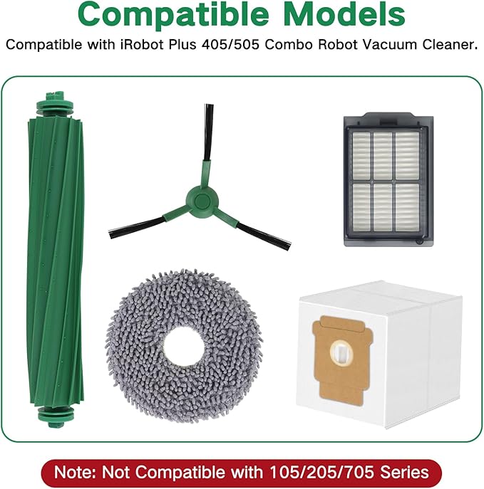 Replacement Parts for iRobot Roomba Plus 405 (G181/G185) Combo, Plus 505/507 Combo Robot Vacuum Cleaner Accessories, 2 Roller Brushes, 4 Filters, 6 Mop Pads, 6 Side Brushes, 6 Vacuum Bags