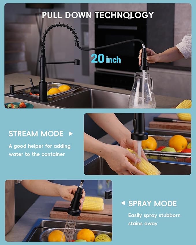 APPASO Black Kitchen Faucet with Soap Dispenser and Pull Down Sprayer, Lead-Free SUS304 Stainless Steel Commercial Single-Handle Spring Faucet for Kitchen Sink, Matte Black (CUPC-Certified Parts)