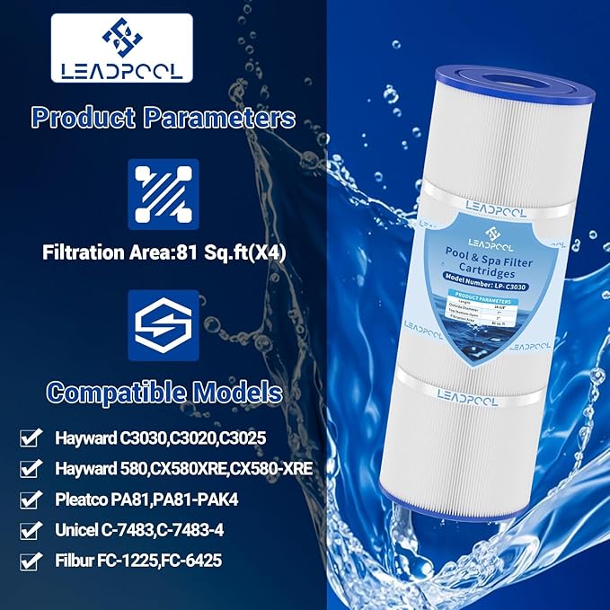 C3030 Pool Filter Cartridges Replacement for Hayward 3025,CX580XRE,C-7483,PA81,C3020,FC-1225,4 * 81 Sq.ft.4 Packs.