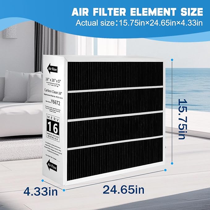 1 Pack X6672 16X25X5 Furnace Filter Compatible with Lennox X6672 and Lennox HCC16-28 Healthy Climate Carbon Clean Home Furnace Filter for HVAC System, Part # HCF16-16, HCF16-10