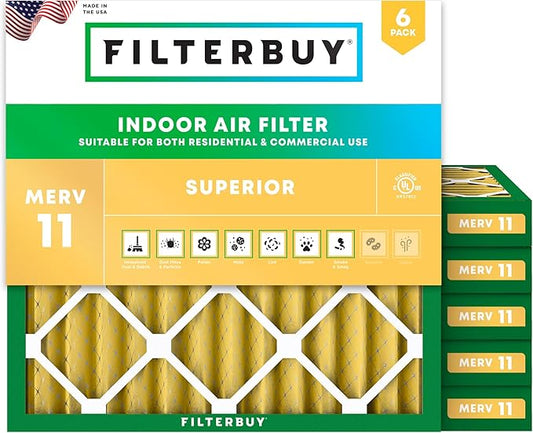 Filterbuy 12x12x2 Air Filter MERV 11 Superior Pet & Allergy Defense (6-Pack), Electrostatic Pleated HVAC AC Furnace Filters Replacement, Made in USA (Actual Size: 11.50 x 11.50 x 1.75)
