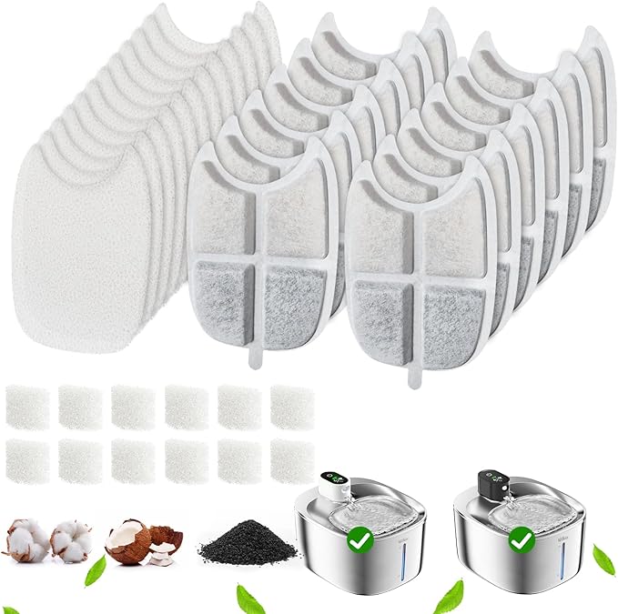 12 Pack Filters Replacement Filter for FS10 Plus Cat Fountain, 6 Layer Filter, Pet Drinking Fountain for 138 fl oz/4.1L FS10 Plus (White, 12 Filters + 12 Sponges & 12 Pump Filters)