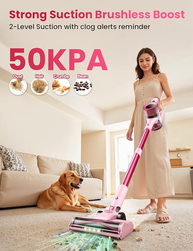 Dzaki Cordless Stick Vacuum Cleaner, 50KPa Brushless Motor Vacuum with Anti-Tangle, LED Display, 55-Min Runtime & Detachable Battery for Pet Hair, Carpet & Hardwood Floors