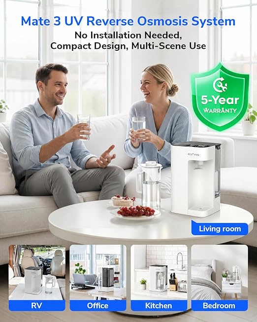 Mate 3 UV Reverse Osmosis Water Filter Countertop, 3:1 Pure to Drain, Autofill Pitcher, No Installation Water Purifier, Portable 9 Stage RO Water Filtration with Remineralization, Self-Cleaning, White