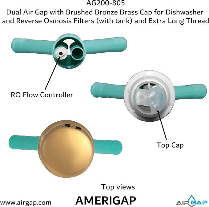 Dual Air Gap with Brushed Bronze Brass Cap for Dishwasher and Reverse Osmosis Filters (with tank) and Extra Long Thread (AG200-805, AG200-X05, AMERIGAP)