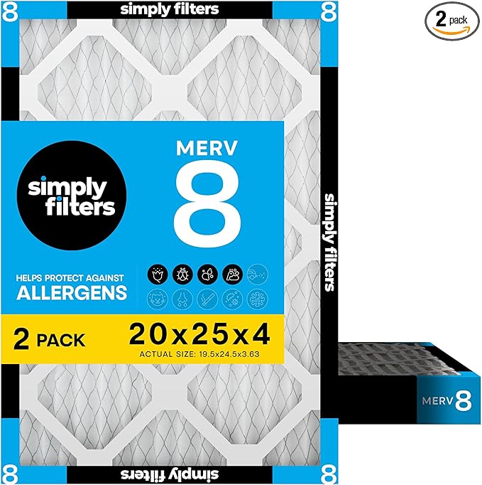 Simply 20x25x4 Air Filter, MERV 8, 2 Pack, Furnace Air Filter for HVAC (Actual Size:19.5"x24.5"x3.63") DUST, Pet, & Allergy Control
