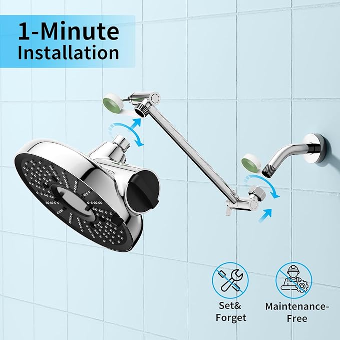 Filtered Shower Head with Extension Arm - EMBATHER 8 Inch High Output Showrhead with 3 Spray Settings, 18 Stage Filter for Hard Water, 11" Adjustable Arm, Brass Swivel Ball Jiont, Chrome