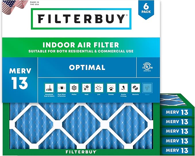 Filterbuy 30x30x1 Air Filter MERV 13 Optimal Smoke & Allergy Defense (6-Pack), Electrostatic Pleated HVAC AC Furnace Filters Replacement, Made in USA (Actual Size: 29.50 x 29.50 x 0.75)