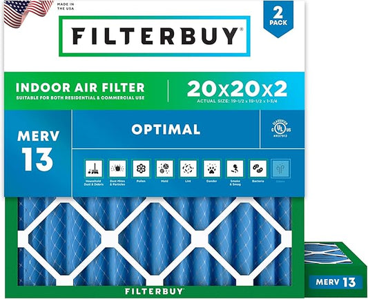 Filterbuy 20x20x2 Air Filter MERV 13 Optimal Smoke & Allergy Defense (2-Pack), Electrostatic Pleated HVAC AC Furnace Filters Replacement, Made in USA (Actual Size: 19.50 x 19.50 x 1.75)