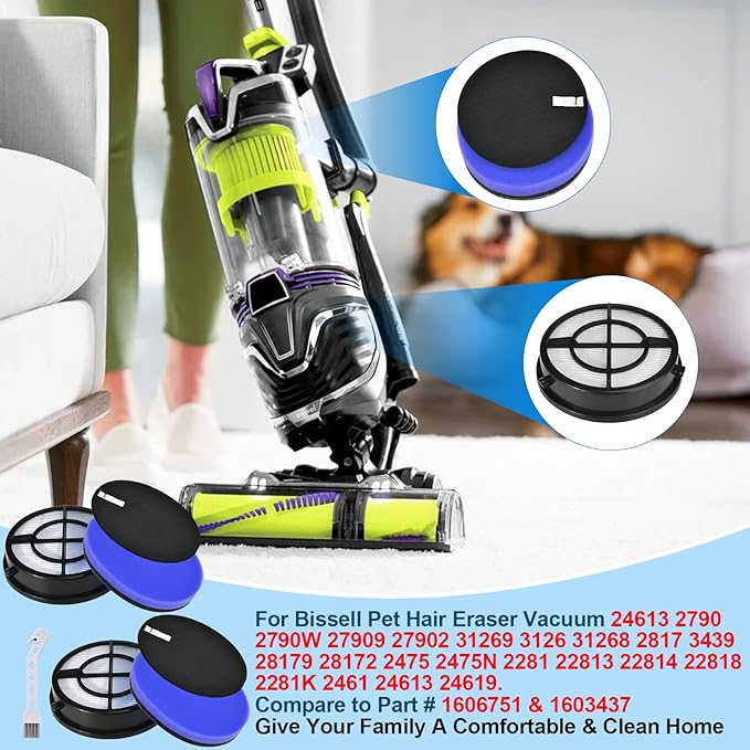 27909 Filter Replacement for Bissell Pet Hair Eraser Turbo Plus/Rewind/Pro Vacuum 2281 2461 2790 series, for Bissell MultiClean Allergen Pet Slim Vacuum 3126, Replace to part # 1606751&1603437