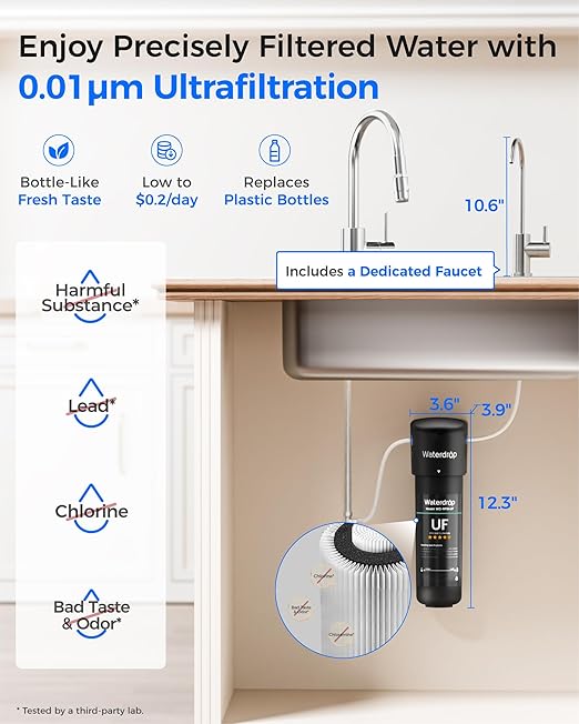 Waterdrop 10UB-UF 0.01 μm Ultra Filtration Under Sink Water Filter System, Reduces Lead, Chlorine, Bad Taste & Odor, 1 Year, with Dedicated Brushed Nickel Faucet