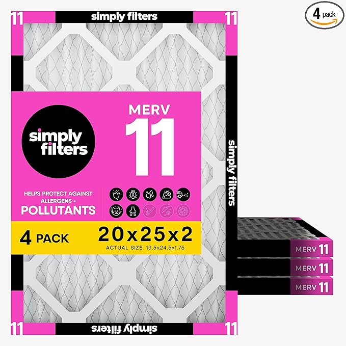 Simply 20x25x2 Air Filter, MERV 11, 4 Pack, Furnace Air Filter for HVAC (Actual Size: 19.5"x24.5"x1.75") DUST, Pet & Allergy Control