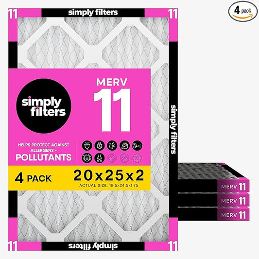 Simply 20x25x2 Air Filter, MERV 11, 4 Pack, Furnace Air Filter for HVAC (Actual Size: 19.5"x24.5"x1.75") DUST, Pet & Allergy Control