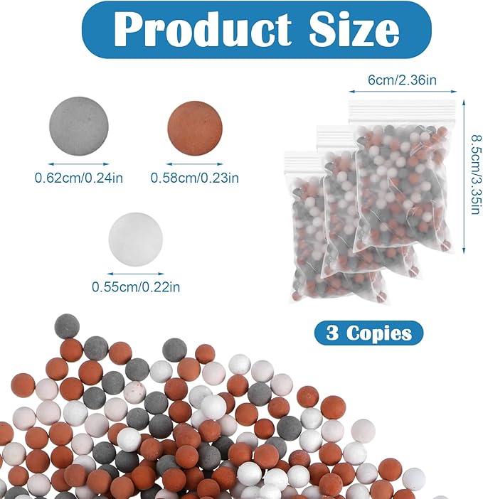 3 Packs Shower Envy Refills，Mineral Shower Head 180g Filter Stone Beads，Mineral Stone Balls for Water Filtration，for Filtered Showers Head (Orange Gray White)