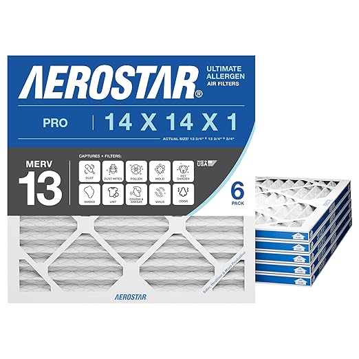Aerostar 14x14x1 MERV 13 Air Filter, 6 Count, ACTUAL SIZE (13.75 x 13.75 x 0.75), HVAC, Air Conditioning & Furnace Filter for Allergies, Dust, Pet Dander & Smoke (MPR 1500 / FPR 10), Made in USA