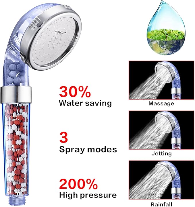 Nosame Shower Head with Hose and Bracket, Filter Filtration High Pressure Water Saving 3 Mode Function Spray Handheld Showerheads for Dry Skin & Hair