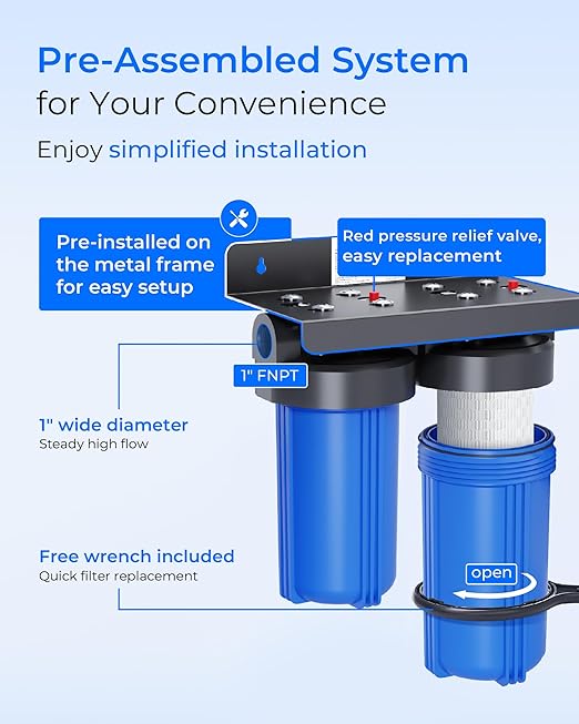 Waterdrop 2 Stage Whole House Water Filter System, with Carbon and Sediment Filter, Highly Reduce Lead, PFAS and Heavy Metals, Taste, 5-Stage Filtration, WD-WHF21-PBL, 1" Inlet/Outlet