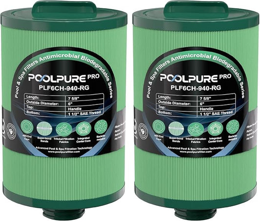 POOLPURE 6CH-940 Antimicrobial Spa Filters, Compatible with PWW50P3(1 1/2" Coarse Thread), 817-0050, Filbur FC-0359, 25252, 03FIL1400 Hot Tub Filters, Screw in SAE Thread Filter 2 Pack