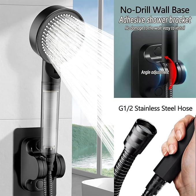High Pressure Shower Head Black with Hose, 5-Spray Filtered Showerhead with No-Drill Holder, Water Softener Beads & ON/OFF Switch for Daily & Pet Care, Removes Chlorine, Softens Hard Water