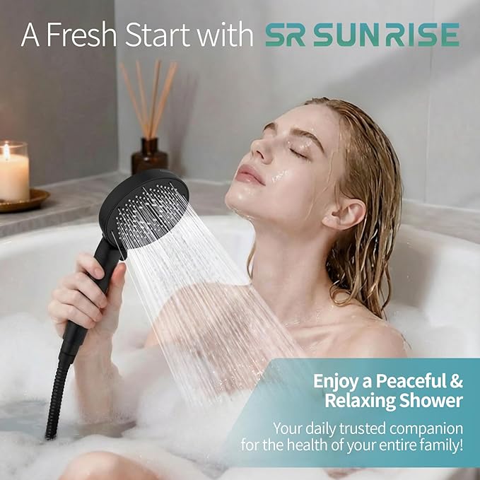 SR SUN RISE NSF Certified Filtered Shower Head with Handheld for Hard Water to Remove Chlorine High Pressure 9-Spray Setting (with Power Wash) Anti-Clog Nozzles(1 Filter, Matte Black)