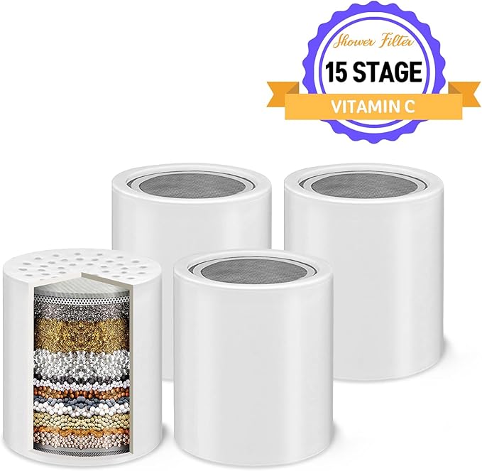 15-Stage Shower Filter Replacement Cartridge (Pack of 4) Shower Filter w/Vitamin C for Hard Water - Shower Water Filter Removes Chlorine Fluoride/Improves Condition of Your Skin, Hair