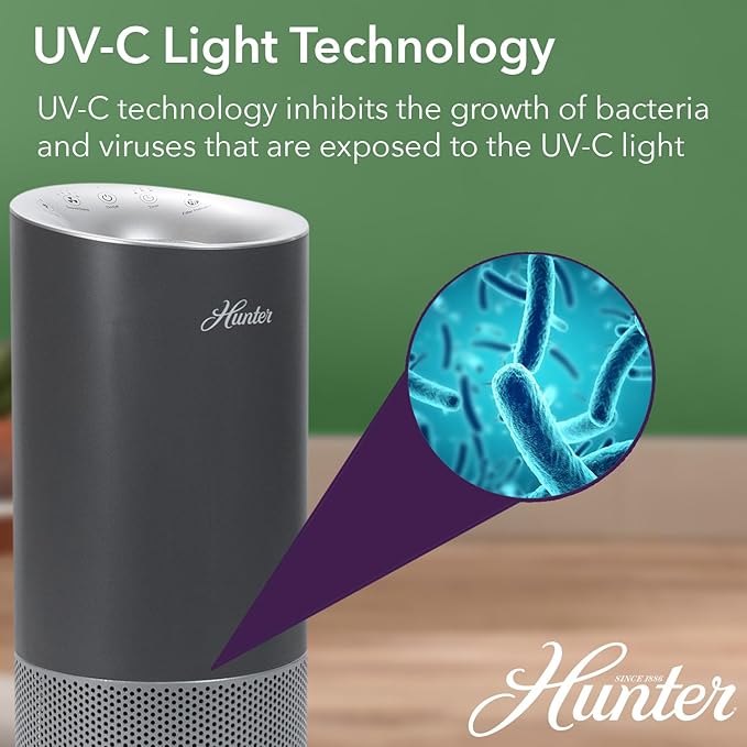 Hunter HP450UV Round Air Purifiers for Home, True HEPA Air Purifier Tower for Pets, Odors, Allergens, Smoke, Dust, VOC's. HEPA Air Purifiers for Bedroom and Small Room. White