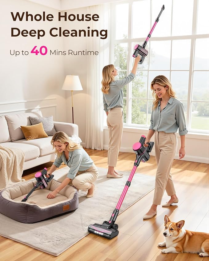 UML0 N8 Cordless Vacuum Cleaner,Lightweight Stick Vacuum with Powerful Suction,2200mAh Battery,40 Mins Runtime, Self-Standing,Rechargeable Vacuum Cleaners for Home Hardwood Floor Pet Hair (Blush)