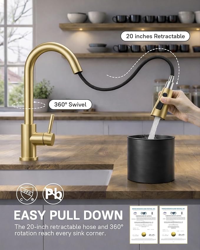 WEWE Kitchen Faucets with Pull Down Sprayer, Stainless Steel Single Handle 1 Hole for Family Kitchen Commercial Camper Laundry Rv Bar, Gold