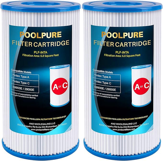 POOLPURE Type A or C / III Pool Filter Replaces Intex 29000E/59900E/#29003E, 1000/1500/530 GPH Filter Pump, C-4607, Funcicle, Easy Set, Summer Waves Above Ground Pools, Reusable Easy to Clean, 2 Pack