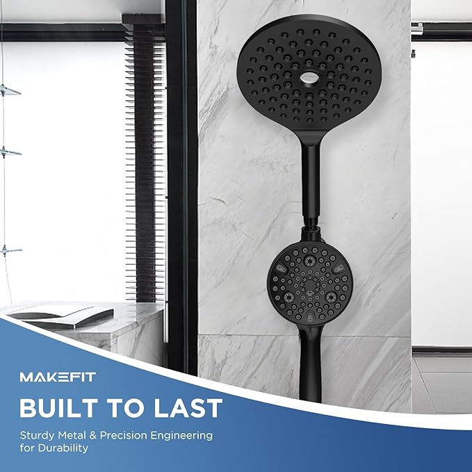 MakeFit Dual Handheld Shower Head Combo, 2-in-1 Rain Shower Heads System 8 Inch Rainfall Shower Head and 10 Modes High Pressure Hand Held Showerhead with Built-in Power Wash