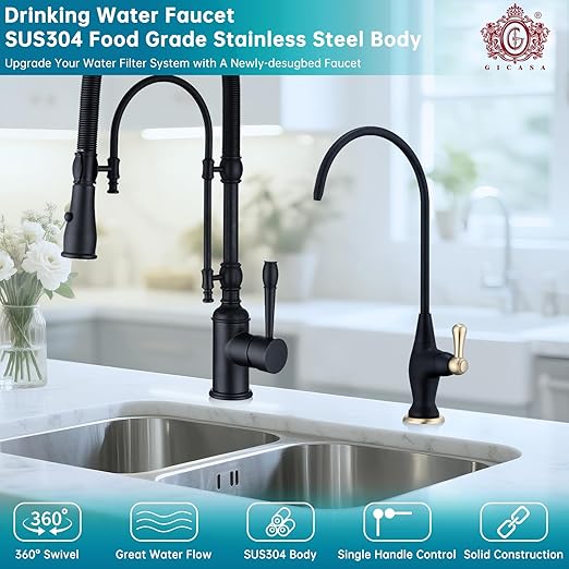 Stainless Steel Reverse Osmosis Faucet, Sink Water Filter System, Suitable for Most Reverse Osmosis or Water Filtration Systems, Sink Drinking Water Faucet for Kitchen Bar Labs RVs, Black+Brushed Gold