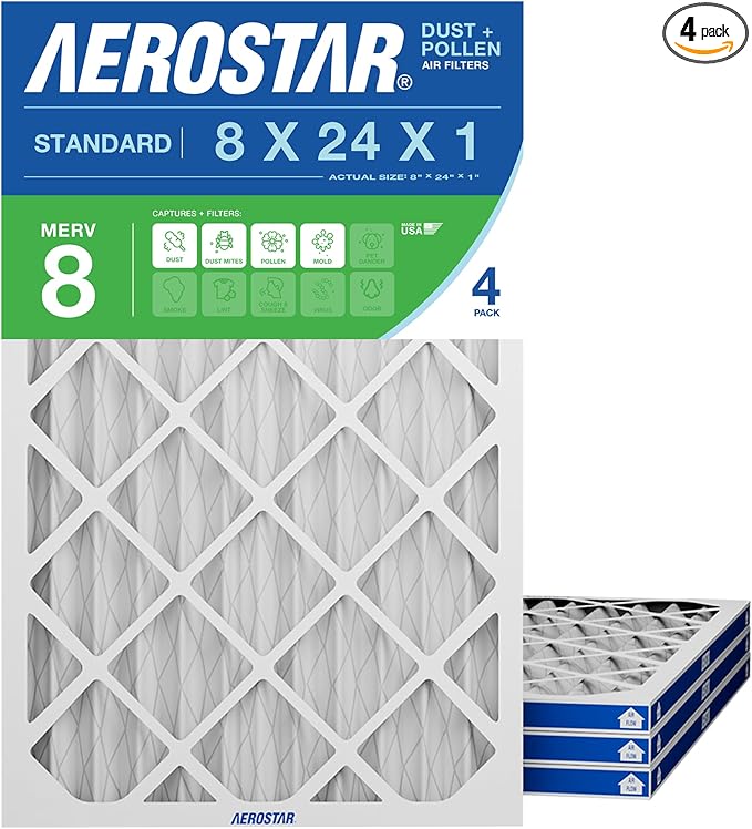 Aerostar 8x24x1 MERV 8 Pleated Air Filter, 4 Pack, AC Furnace Filters, HVAC Filter, Air Conditioner Filters, Heater Filters Replacement for Home (Actual Size: 8x24x1)