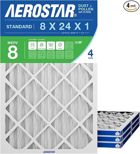 Aerostar 8x24x1 MERV 8 Pleated Air Filter, 4 Pack, AC Furnace Filters, HVAC Filter, Air Conditioner Filters, Heater Filters Replacement for Home (Actual Size: 8x24x1)