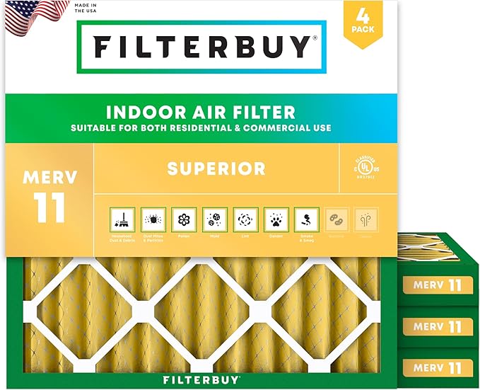 Filterbuy 18x18x2 Air Filter MERV 11 Superior Pet & Allergy Defense (4-Pack), Electrostatic Pleated HVAC AC Furnace Filters Replacement, Made in USA (Actual Size: 17.75 x 17.75 x 1.75)