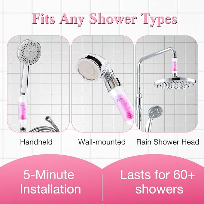 Vitamin C Shower Filter for Hard Water, Shower Head Filter to Chlorine Fluoride Sediment, Water Purifying Filtered Shower Head with Beads, Helps Dry Skin & Hair Loss, Easy Installation (Rose)