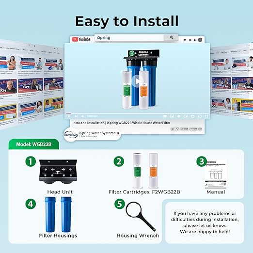 iSpring WGB22B 2-Stage Whole House Water Filtration System, 20” x 4.5” Sediment & Carbon Block Filters, Removes up to 99% Chlorine, Fine Sediment and Bad Taste Removal