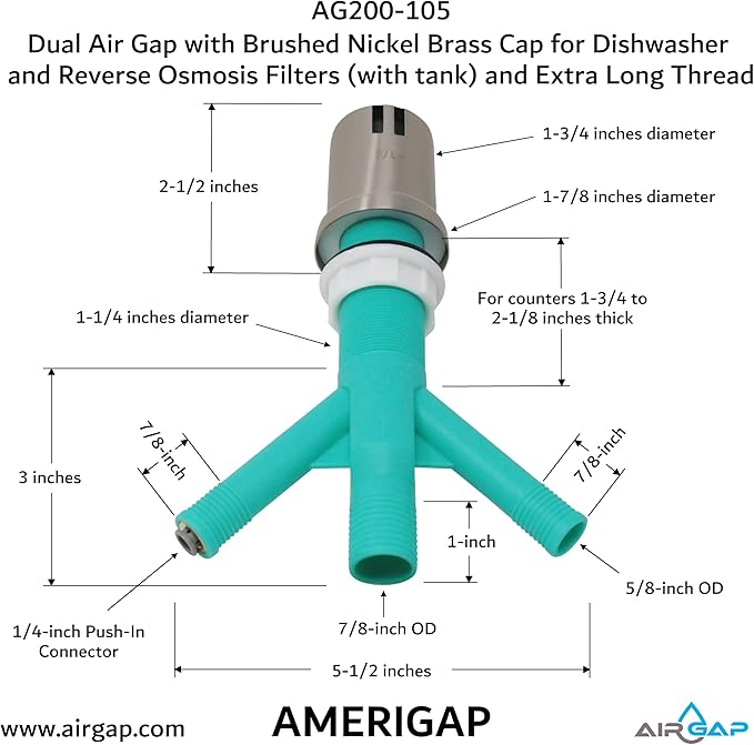 Dual Air Gap with Brushed Nickel Brass Cap for Dishwasher and Reverse Osmosis Filters (with tank) and Extra Long Thread (AG200-105, AG200-X05, AMERIGAP)