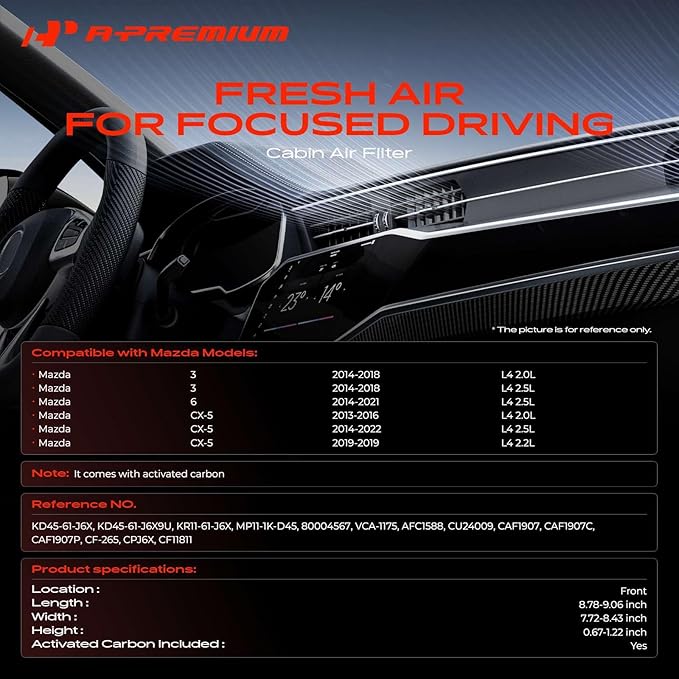 A-Premium Cabin Air Filter with Activated Carbon Compatible with Mazda Vehicles - 3 2014-2018, 6 2014-2021, CX-5 2013-2022