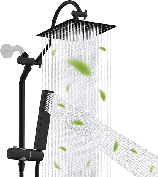Hibbent cUPU Certified High Pressure 10'' Rainfall Shower Head, Showerhead Combo with 4-mode Handheld Spray, 12'' Adjustable Extension Arm, Extension Bar, Easy Reach Holder, 71'' Hose, Matte Black