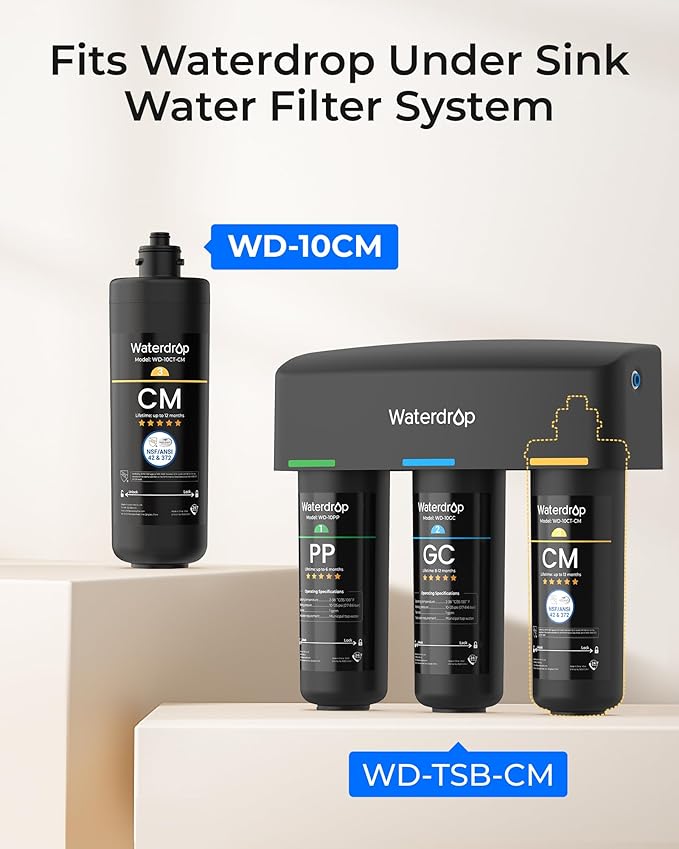 Waterdrop WD-10CM Water Filter Replacement for Waterdrop TSB-CM 3-Stage Under Sink Water Filter System, 12 monthsUnder Sink Water Filtration System, Reduces Chloramine Bad Taste & Odor