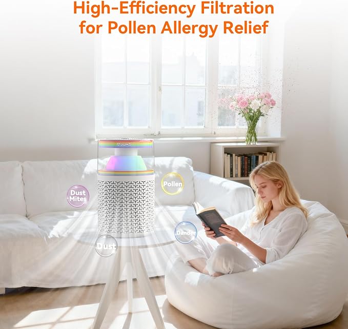 AIRROMI Pet Air Purifier for Home & Bedroom, HEPA Activated Carbon Filter, Removes Pet Dander & Odor, Allergies, Smoke, Hair, Night Light, Fragrance Sponge, Up to 658 ft², A2002 Rainbow