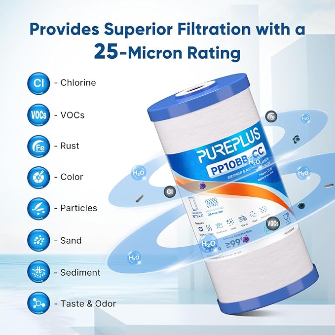PUREPLUS 25 Micron 10" x 4.5" Whole House Sediment and Carbon Water Filter Replacement Cartridge for GE FXHTC, GXWH40L, GXWH35F, GNWH38S, Culligan RFC-BBSA, WRC25HD, PP10BB-CC, Pentek RFC-BB, 4Pack