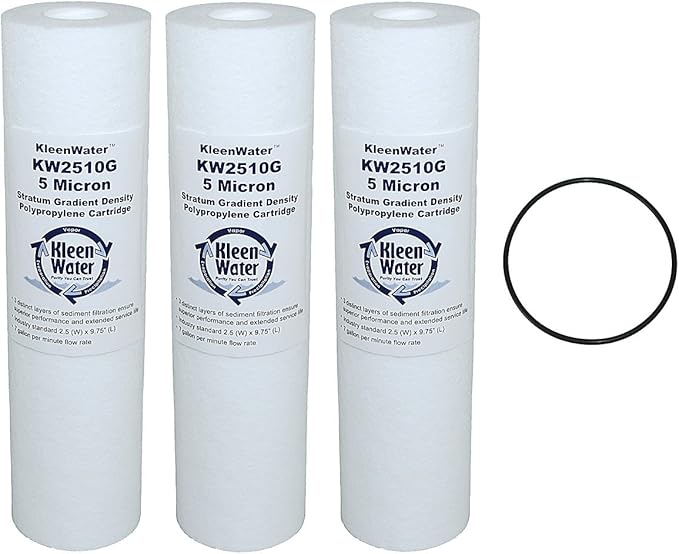 KleenWater KW2510G Compatible With GE GXWH04F GXWH20F GXWH20S, 2.5 x 10 Inch Replacement Melt Blown Water Filter Cartridges, 20 Micron, Set of 3, Include O-Ring (1)