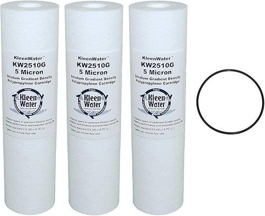KleenWater KW2510G Compatible With GE GXWH04F GXWH20F GXWH20S, 2.5 x 10 Inch Replacement Melt Blown Water Filter Cartridges, 20 Micron, Set of 3, Include O-Ring (1)