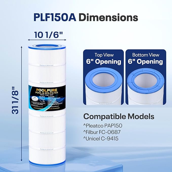 POOLPURE CC150 Pool Filter Replaces Pentair CC150, CCRP150, PAP150, Ultral-C4, PP-C4, PP-C4-M, Unicel C-9415, R173216, 59054300, Filbur FC-0687, 160317, 160355, 160352, L x OD: 31 1/8" x10 1/16"
