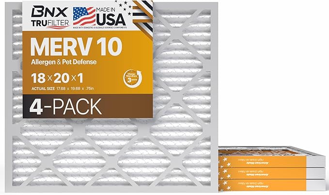BNX TruFilter 18x20x1 MERV 10 (4-Pack) AC Furnace Air Filter - MADE IN USA - Pleated Air Conditioner HVAC AC Furnace Filters - Removes Odor, Mold, Bacteria, Smoke