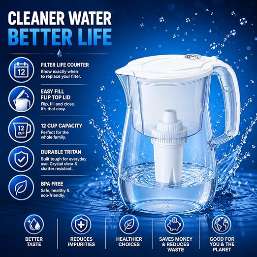 AQUAPHOR 12 Cup Opal Water Filter Pitcher with 1 x B15 Filter | Reduces Chlorine & Heavy Metals | Fast Flow Water Filtration | BPA-Free & Dishwasher Safe | Improved & Filtered Water | Black