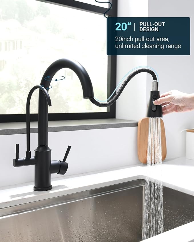 APPASO Kitchen Faucet with Water Filter, CUPC-Certified Hoses for Healthy Water, Matte Black 3 Way Sink Filter Faucets with Sprayer, 2 in 1 Faucet Black Matte (Without Filtration Device)