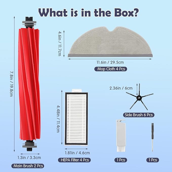 Replacement Parts for Roborock Q7 / Q7+ / Q7 Max / Q7 Max+ Robot Vacuum, 2 Main Brush, 4 Mop Cloth Pads, 6 Side Brushes, 4 Washable Filter, 1 Tool (Not for Q7 M5)