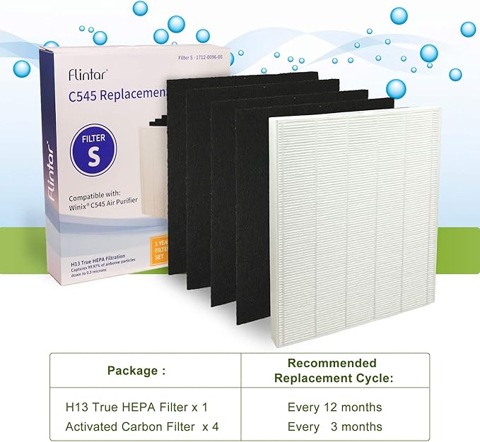 C545 Replacement Filter S, Made in TAIWAN, Compatible with Winix C545 Air Purifier, Compares to Winix S Filter 1712-0096-00, H13 Grade Air Filter + (4) Activated Carbon Filters
